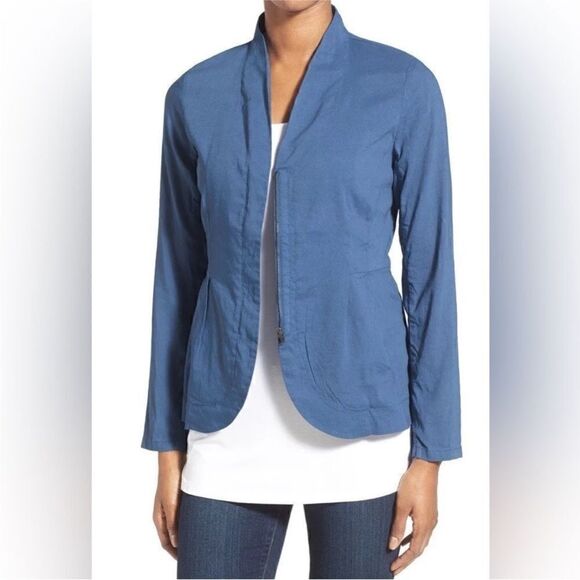 Eileen Fisher NWT Stand Collar Zip Front Organic Linen Blend Jacket Blue Large - Picture 5 of 16